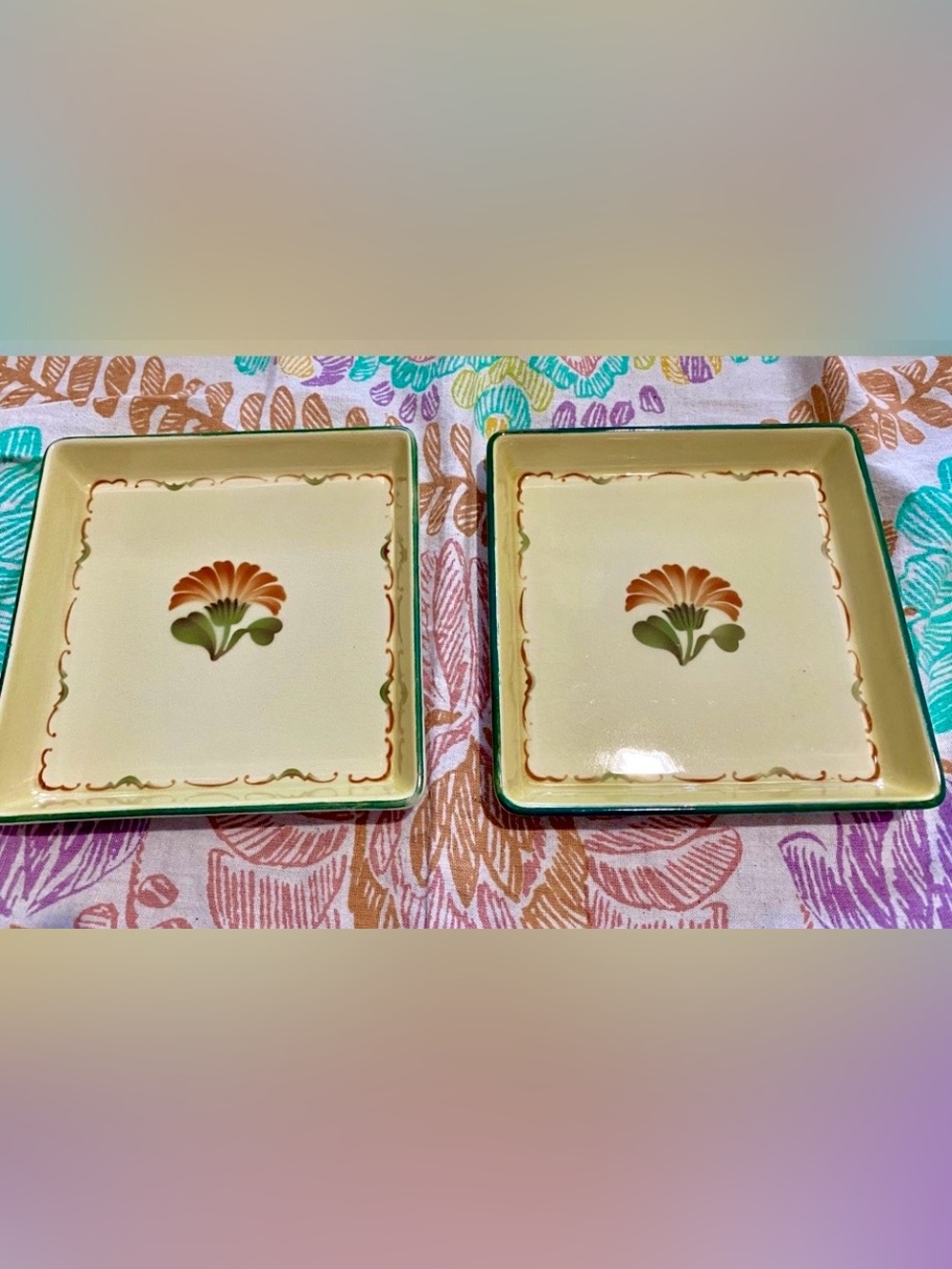 Royal Copenhagen Aluminia Morganfrue Square Plates 1934-67. EUC. Green & Orange